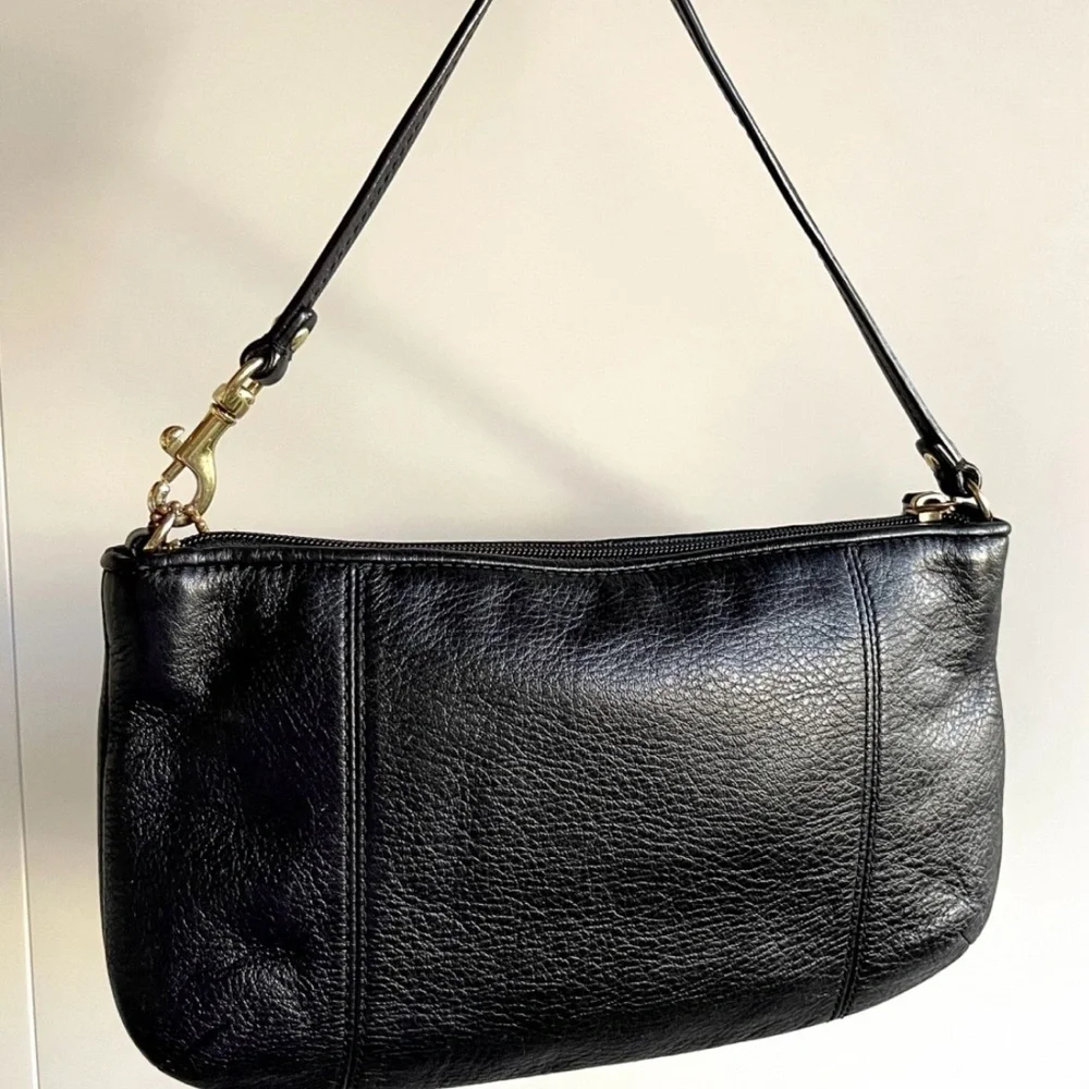 Coach Black Pebble Leather Zip Top Wristlet Large